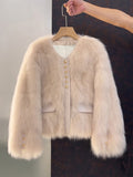 Collarless Faux Fur Button Front Jacket - OffWhite