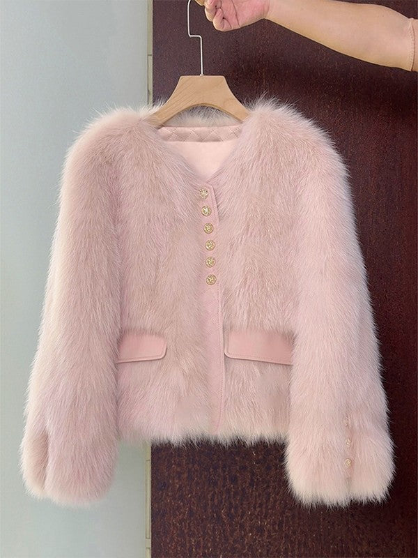 Collarless Faux Fur Button Front Jacket - Pink