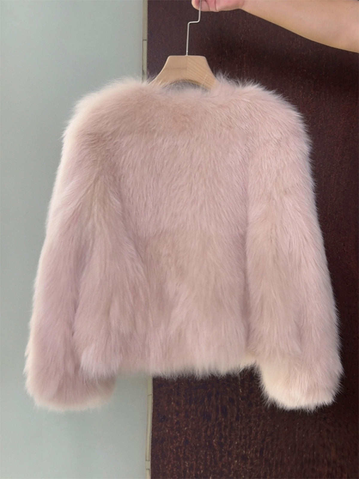 Collarless Faux Fur Button Front Jacket - Pink - 1