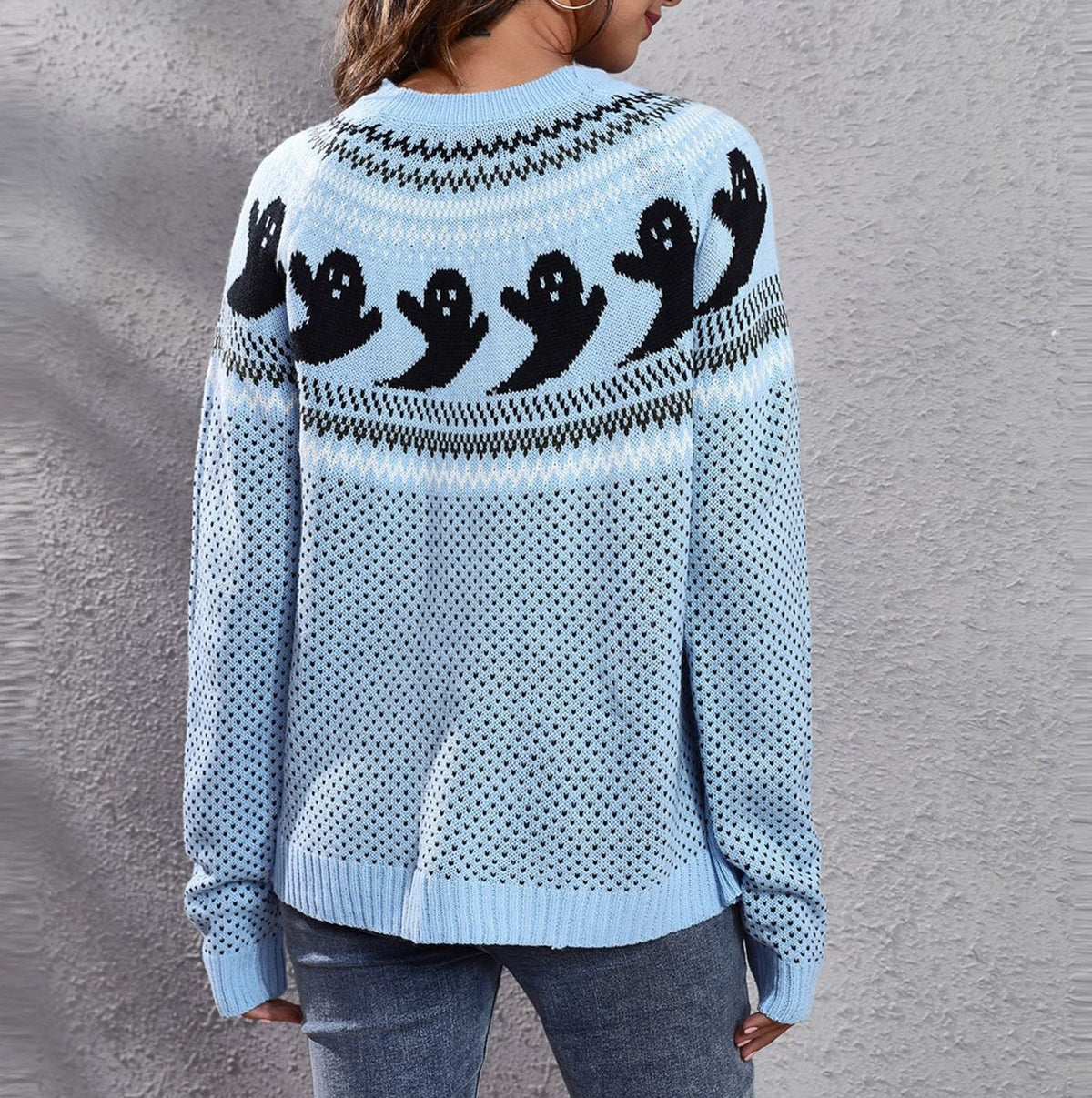 Halloween Ghost Fair Isle Knit Sweater - Blue - 2