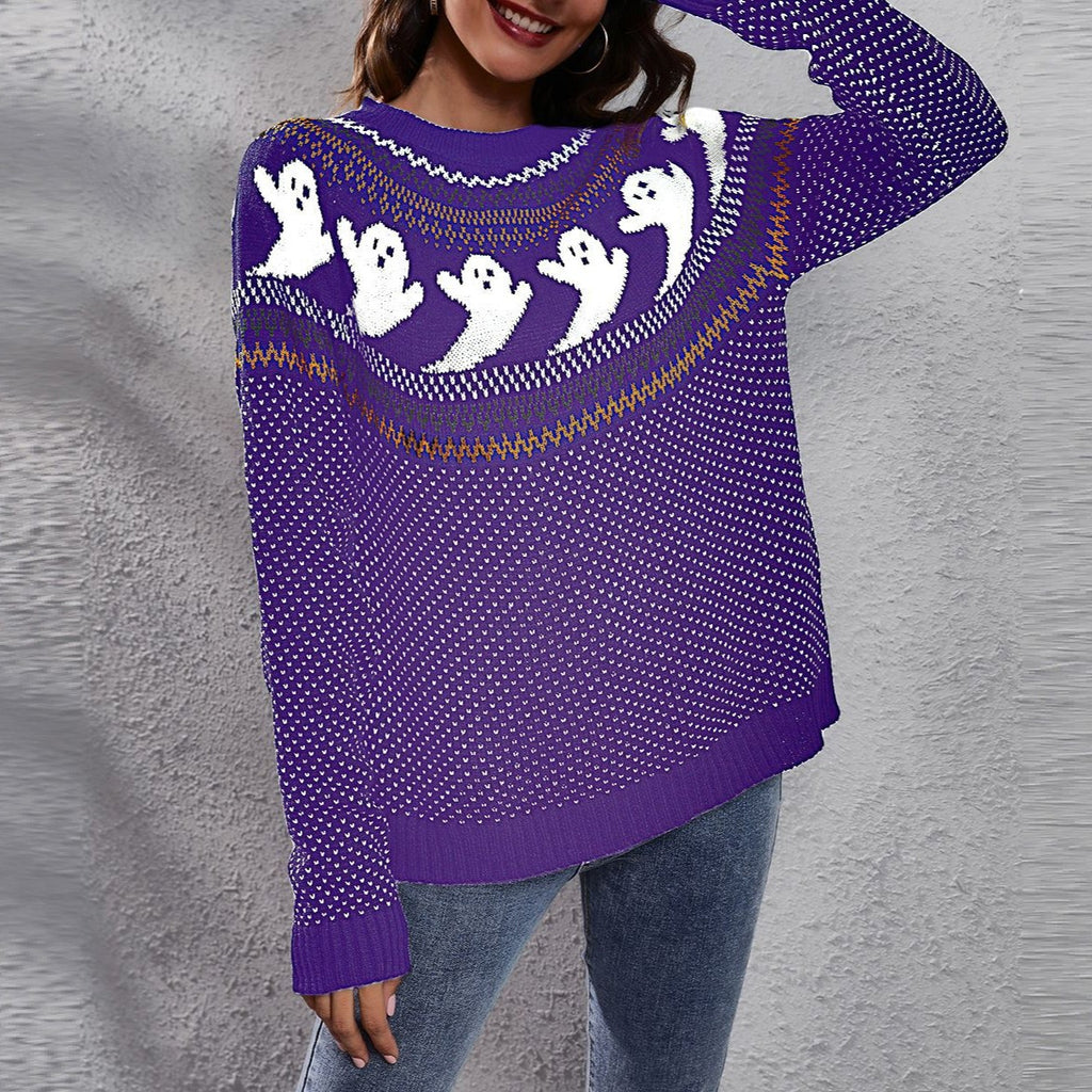 Halloween Ghost Fair Isle Knit Sweater - Purple