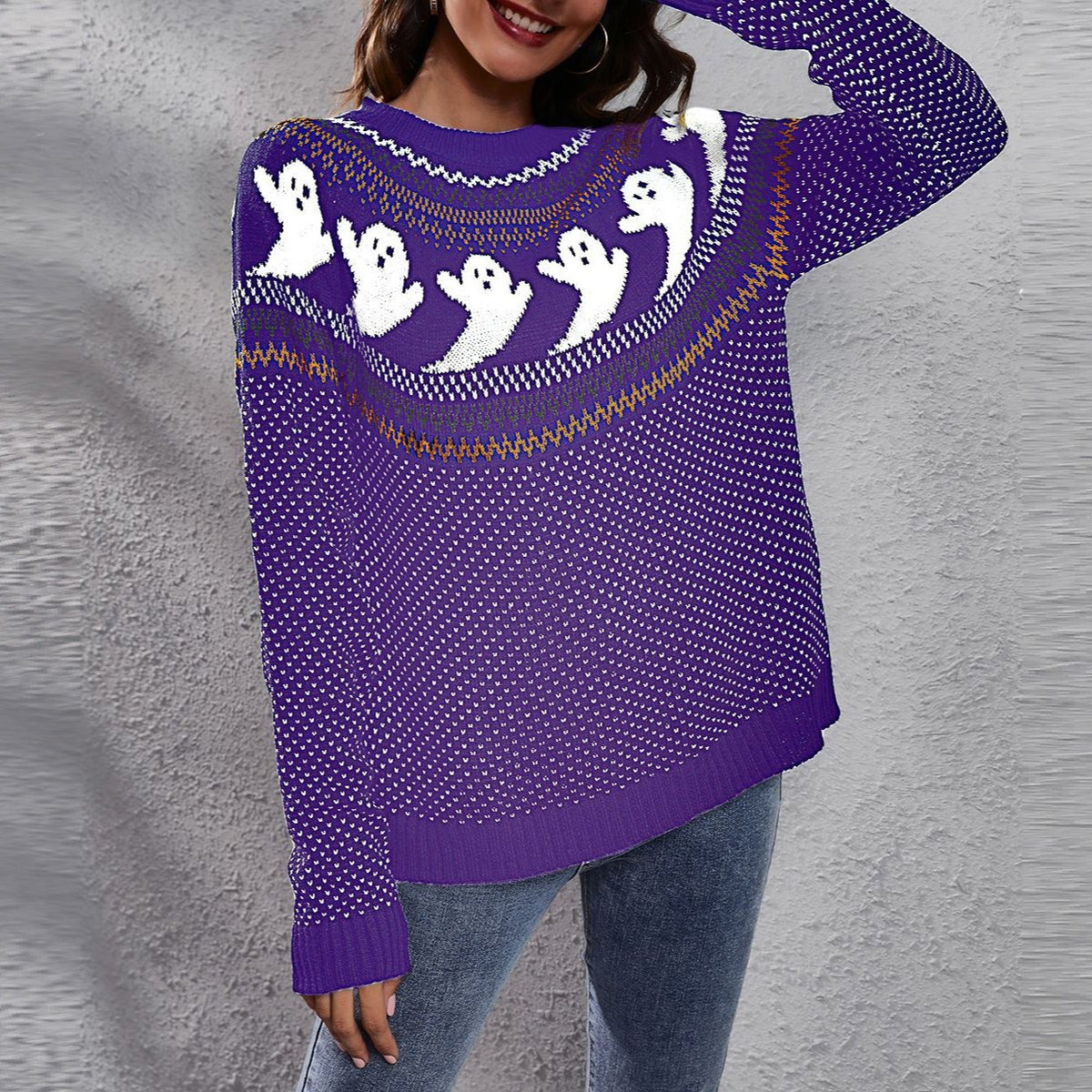 Halloween Ghost Fair Isle Knit Sweater - Purple