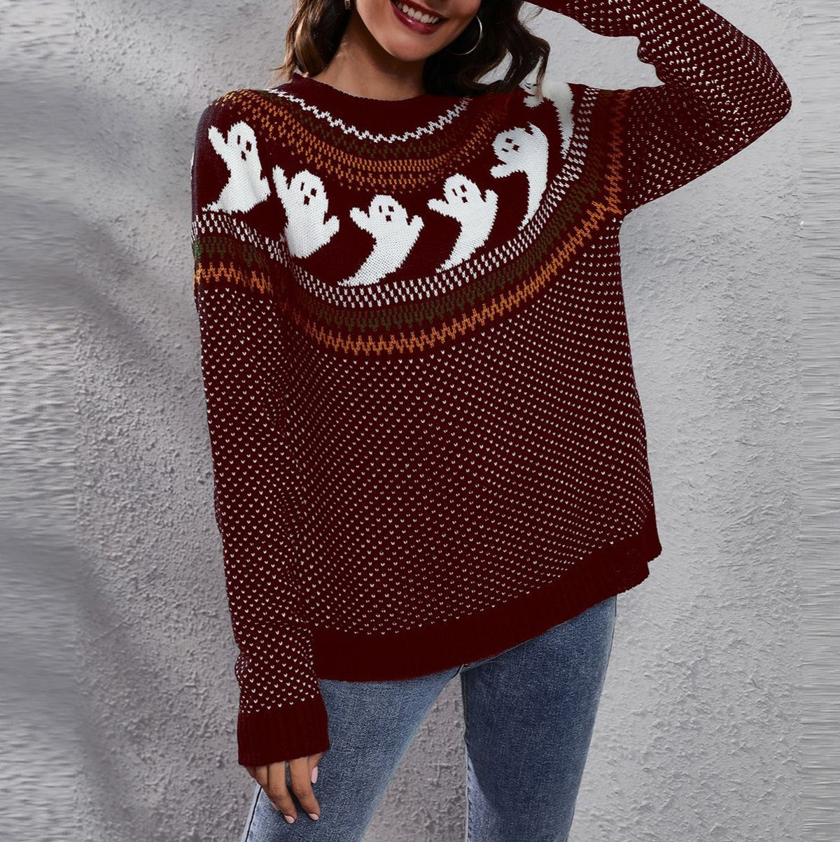 Halloween Ghost Fair Isle Knit Sweater - Winered