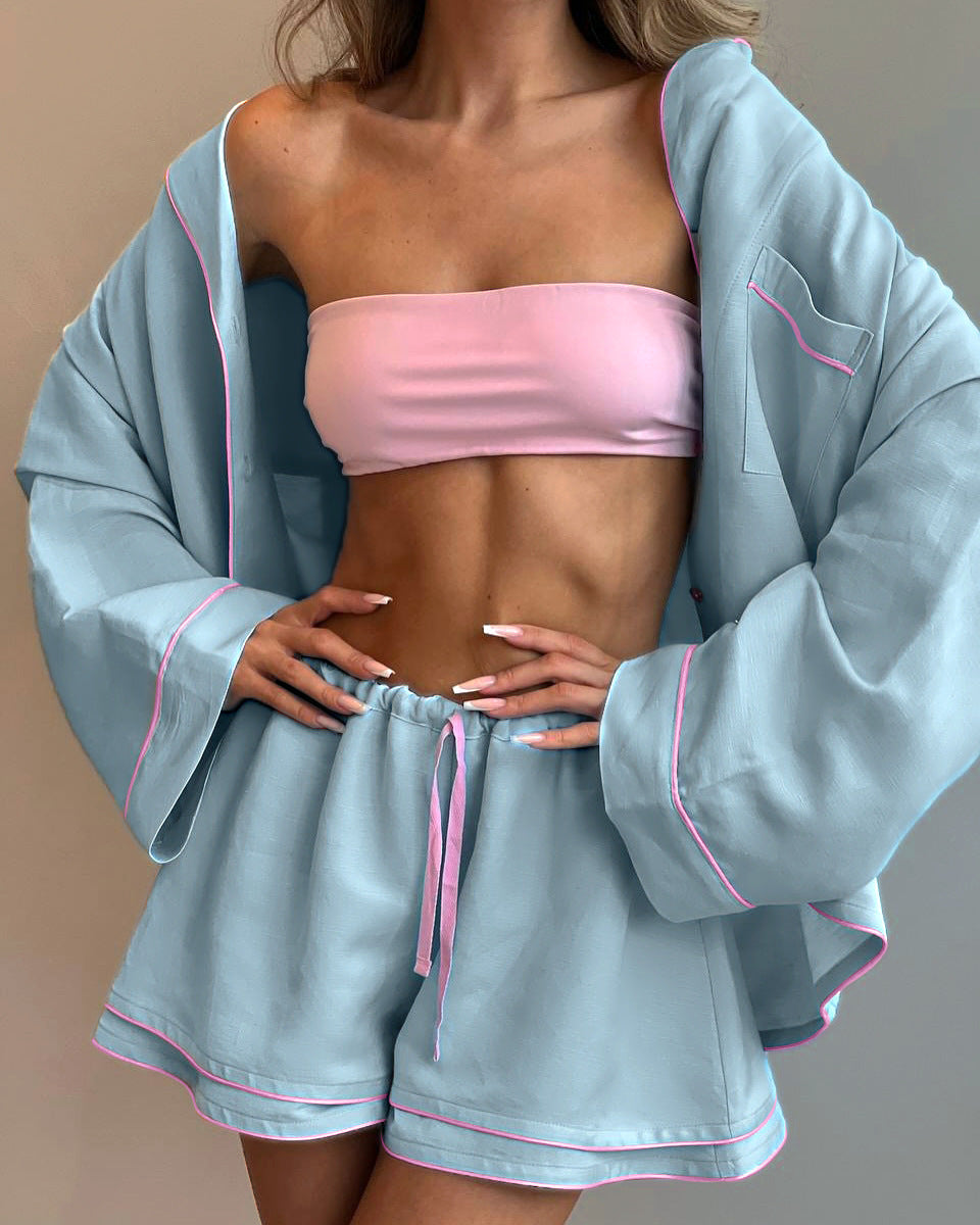 Piped Cotton Pajama Shirt And Shorts Set