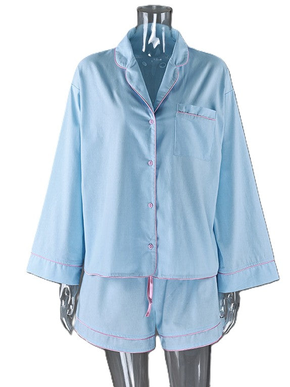 Piped Cotton Pajama Shirt And Shorts Set - view 3