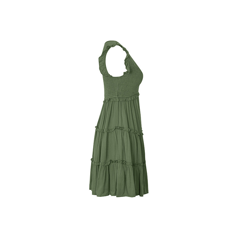 Smocked Bodice Flutter Sleeve Tiered Mini Dress - Green - 3