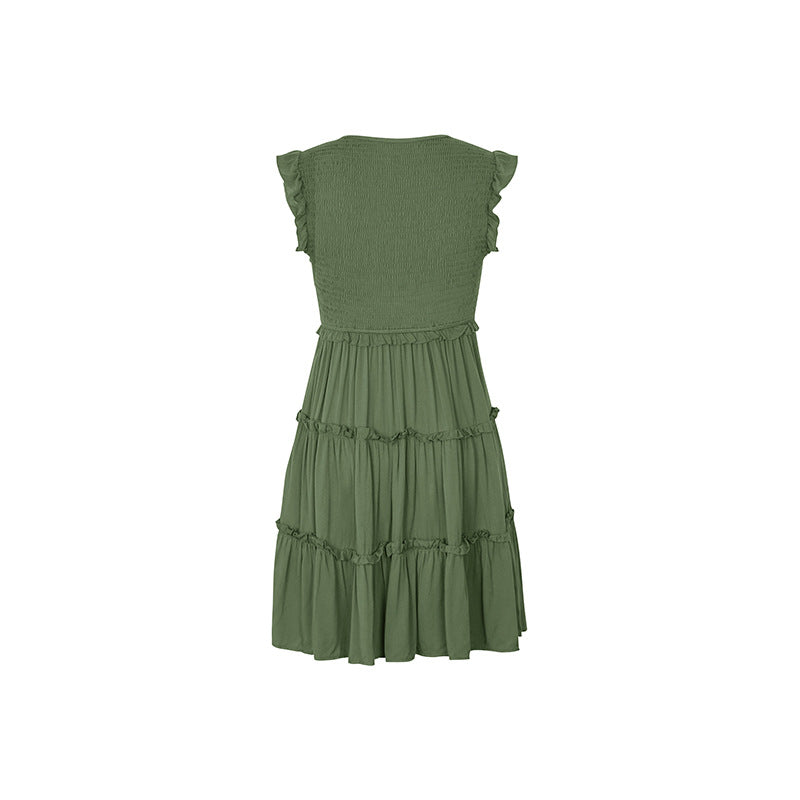 Smocked Bodice Flutter Sleeve Tiered Mini Dress - Green - 4