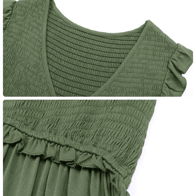 Smocked Bodice Flutter Sleeve Tiered Mini Dress - Green - 5