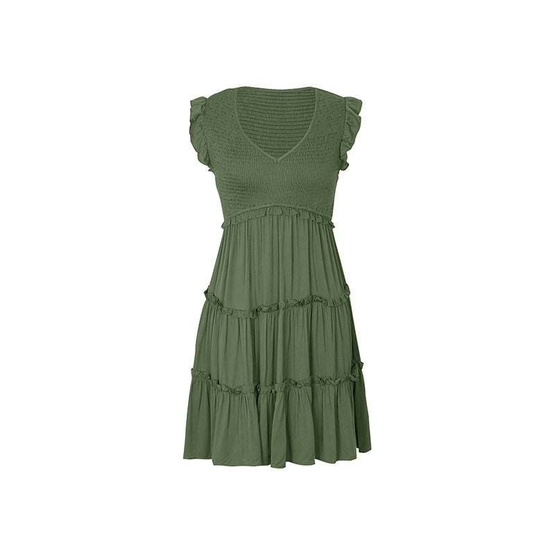 Smocked Bodice Flutter Sleeve Tiered Mini Dress - Green - 6