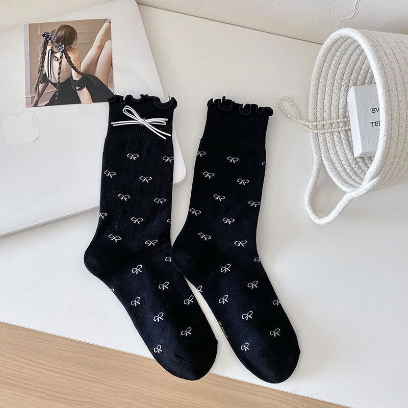 Ruffle Cuff Bow Polka Dot Socks - Black_B