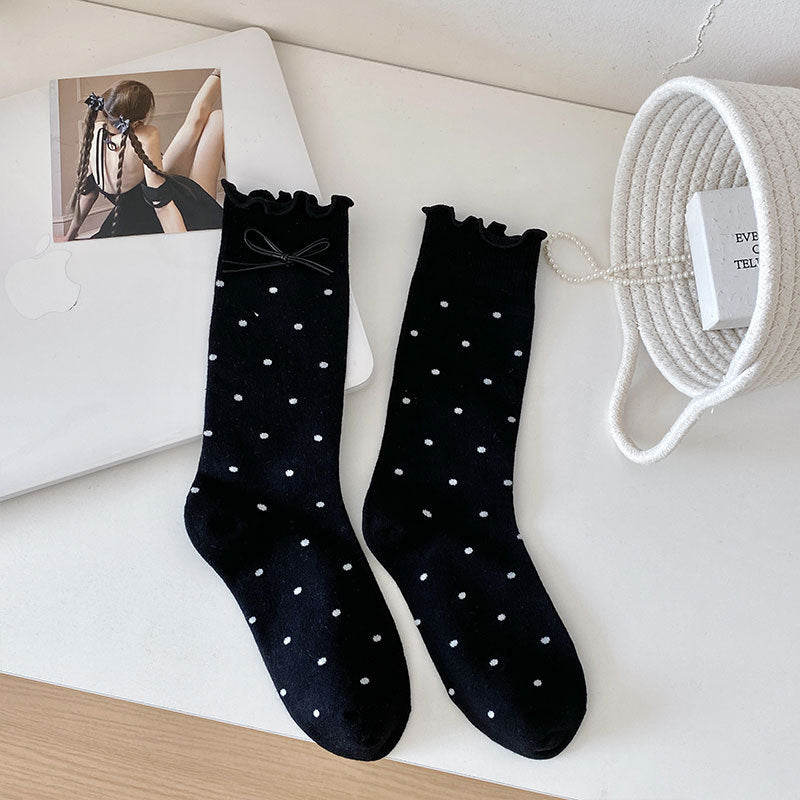 Ruffle Cuff Bow Polka Dot Socks - Black_D