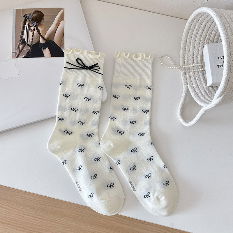 Ruffle Cuff Bow Polka Dot Socks - White_B