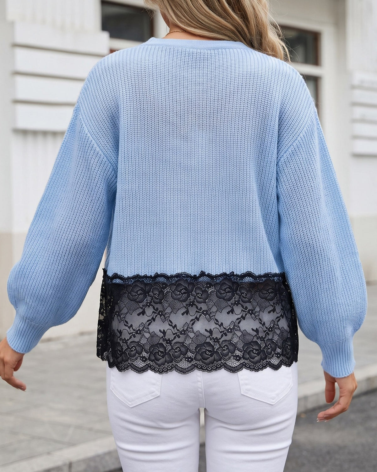 Lace Hem V-Neck Button Knit Cardigan - Blue - 2