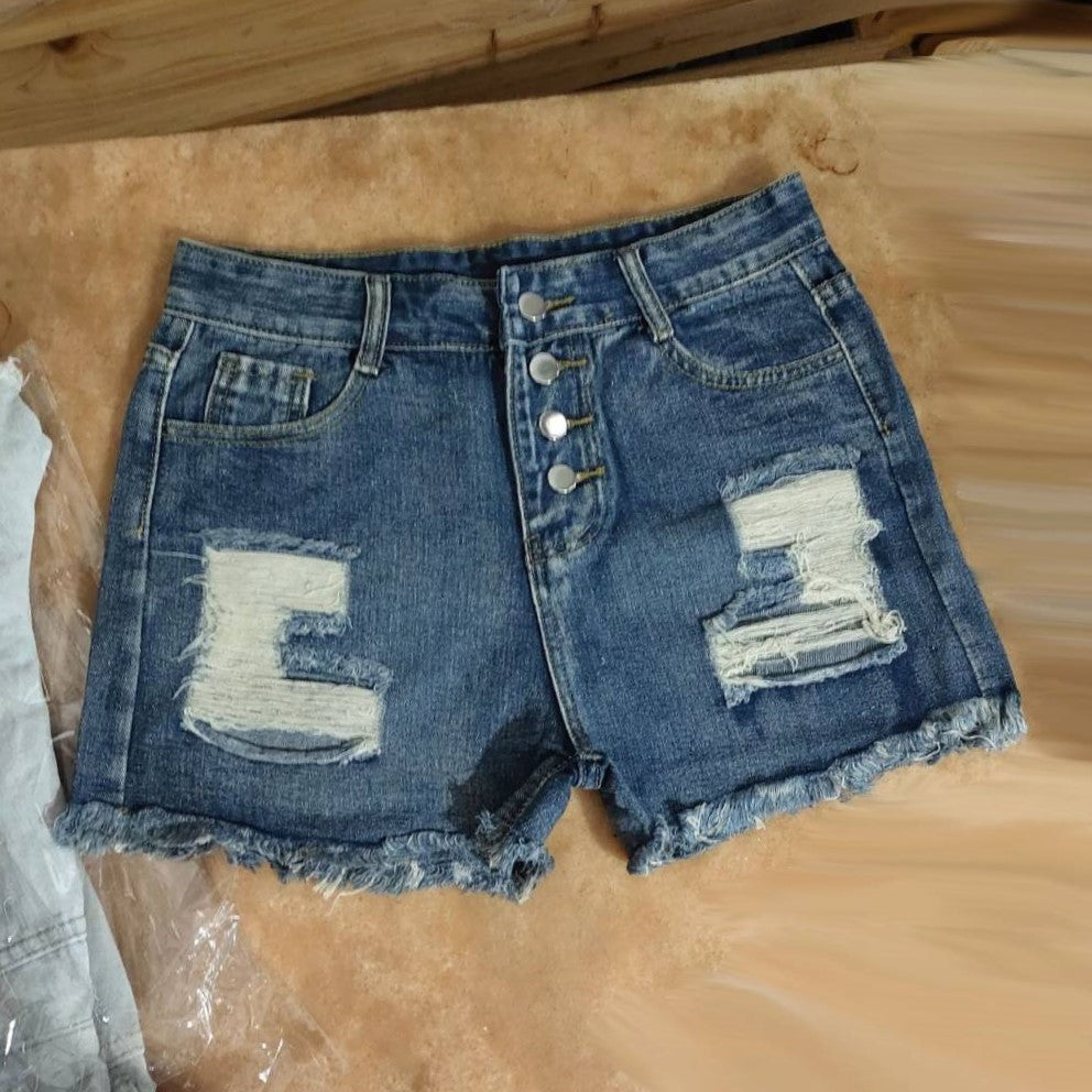 Distressed Button Fly Frayed Denim Shorts - Dark