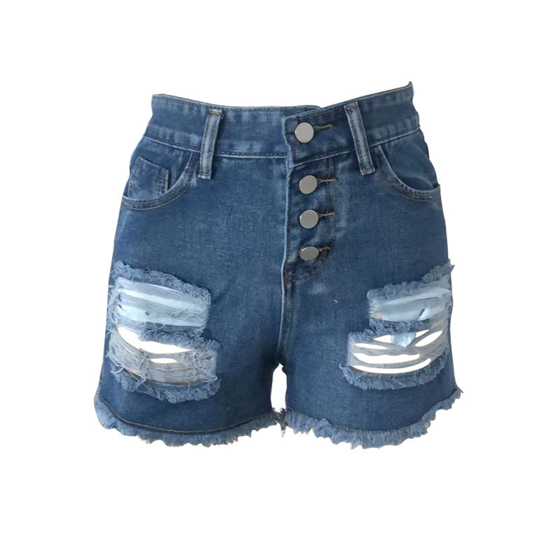Distressed Button Fly Frayed Denim Shorts - Dark - 1