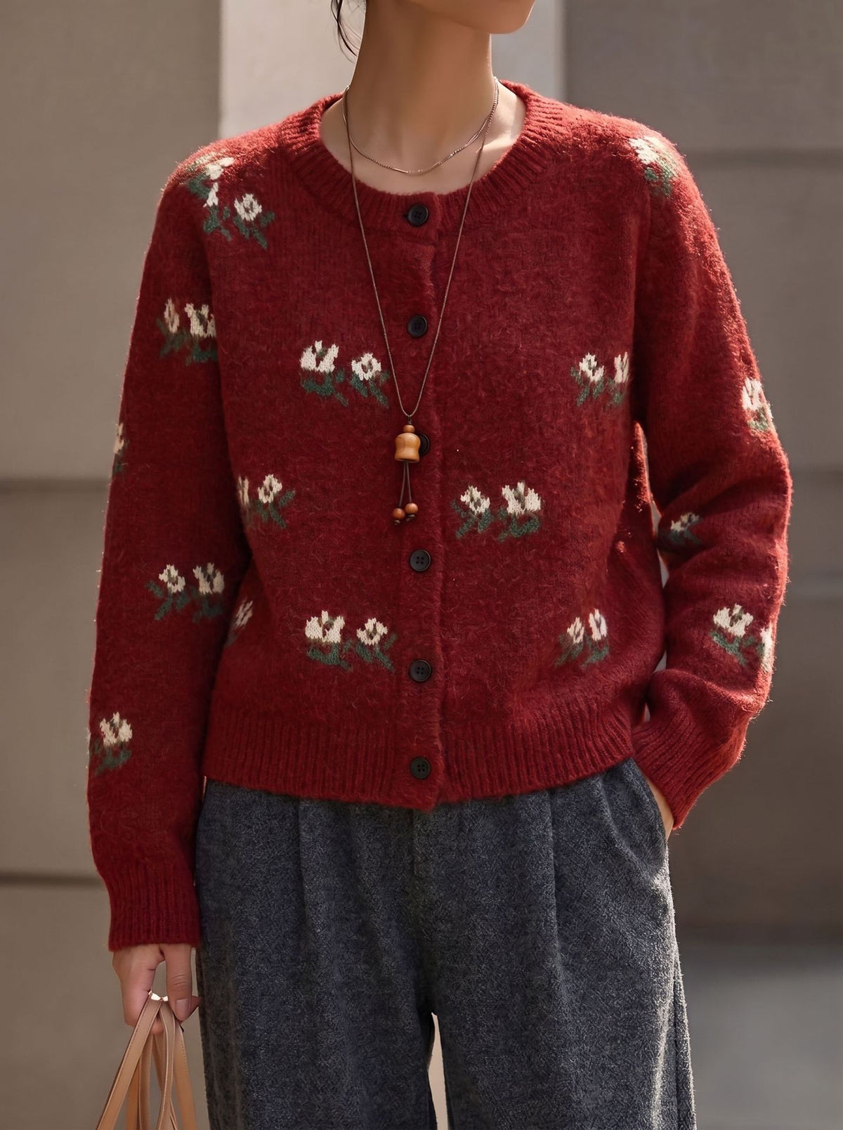 Embroidered Floral Crewneck Button Cardigan - Burgundy