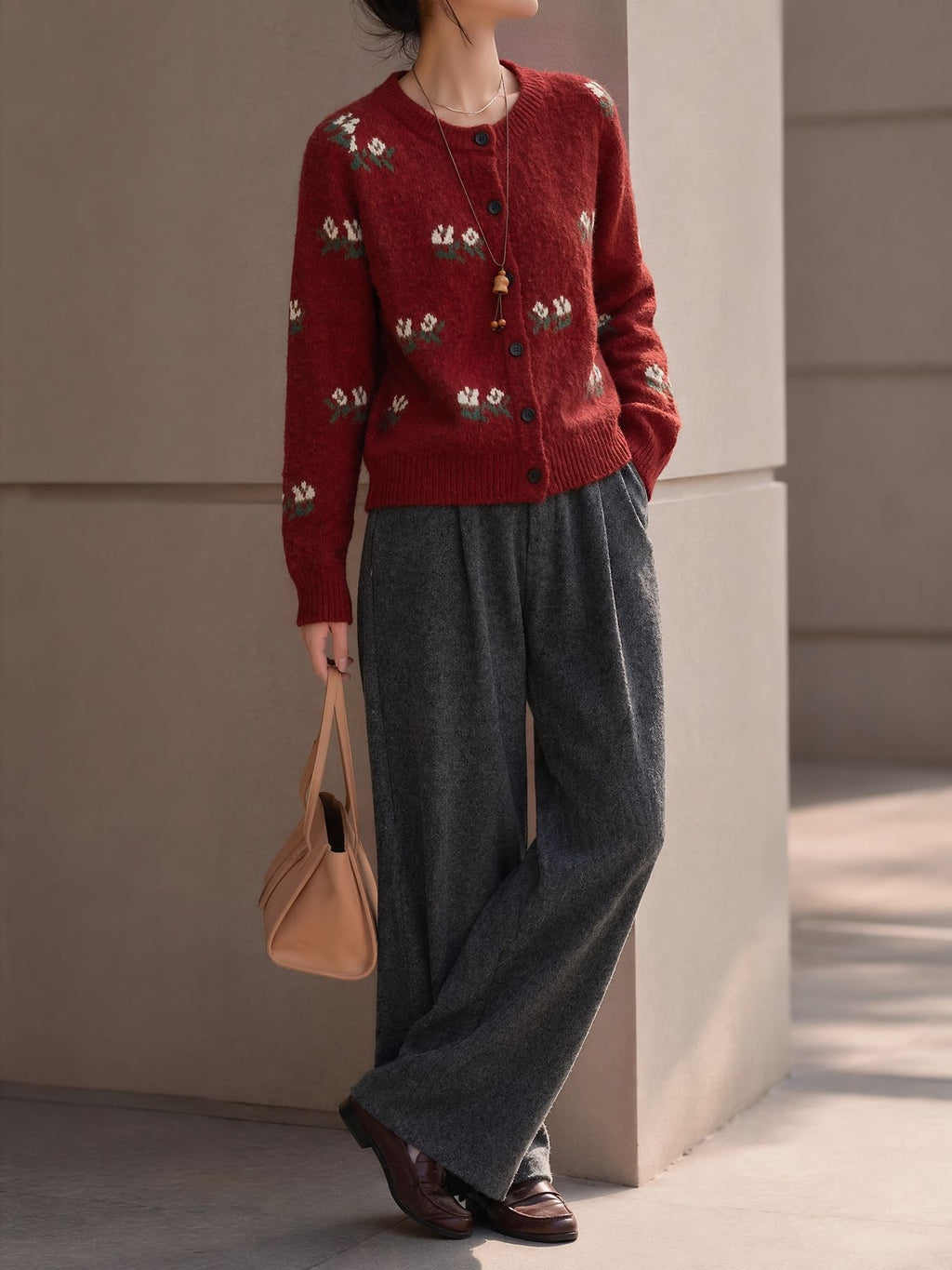 Embroidered Floral Crewneck Button Cardigan - Burgundy - 1