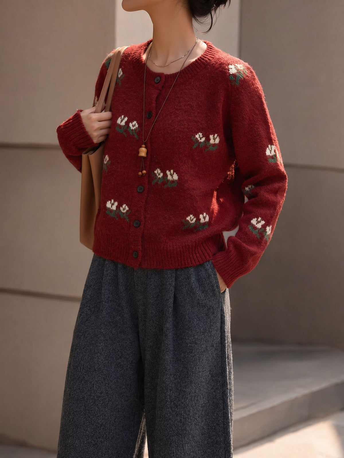 Embroidered Floral Crewneck Button Cardigan - Burgundy - 2