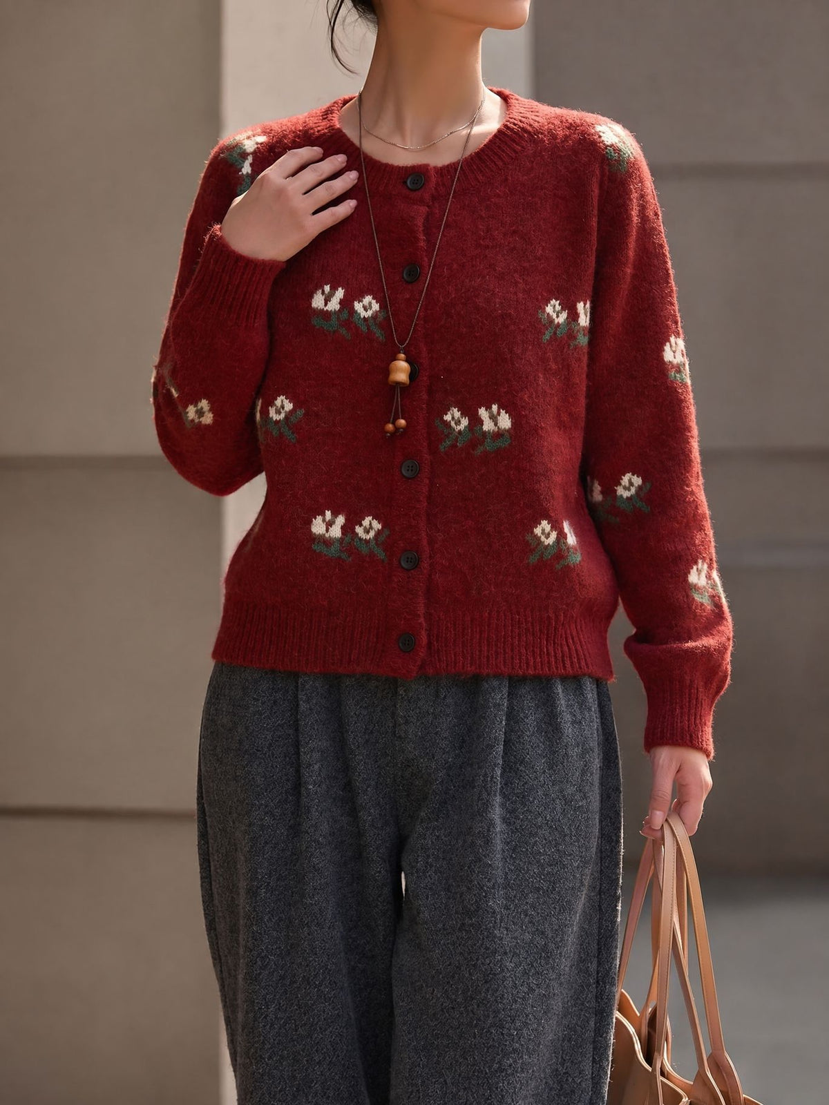 Embroidered Floral Crewneck Button Cardigan - Burgundy - 3