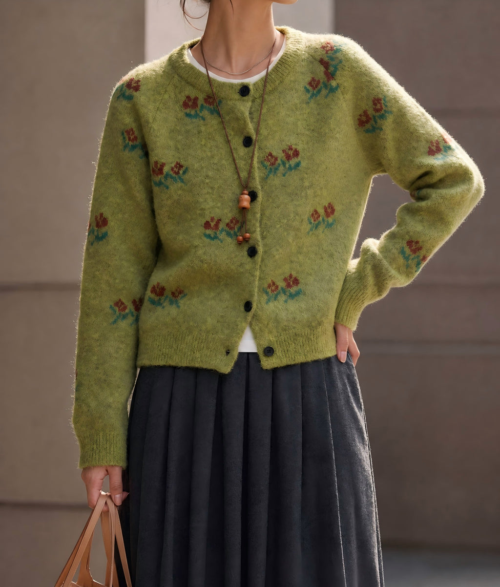 Embroidered Floral Crewneck Button Cardigan - Green - 1