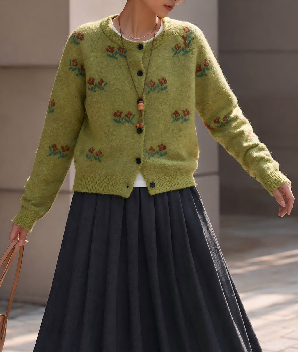 Embroidered Floral Crewneck Button Cardigan - Green - 2