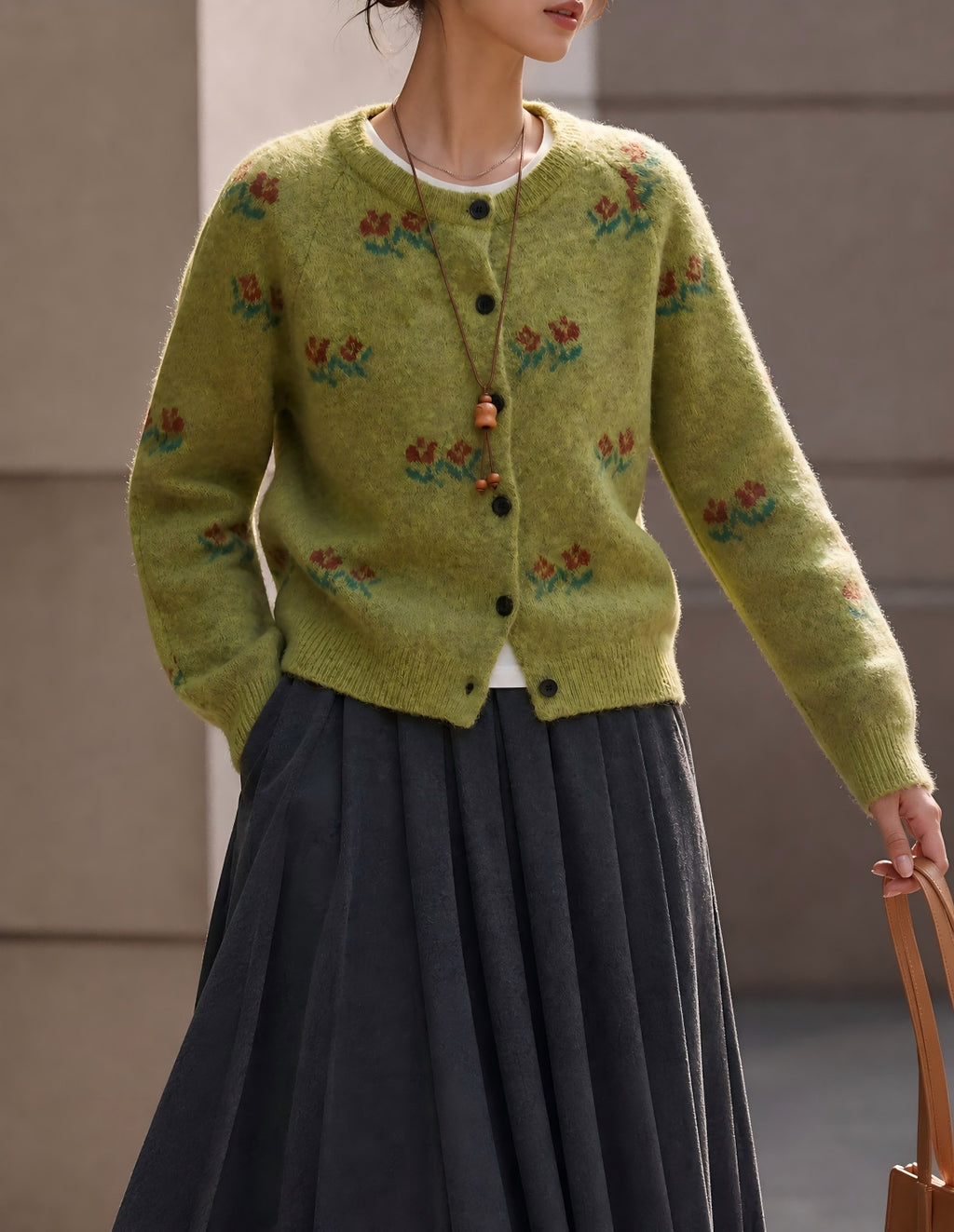 Embroidered Floral Crewneck Button Cardigan - Green - 3