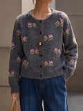 Embroidered Floral Crewneck Button Cardigan - Grey