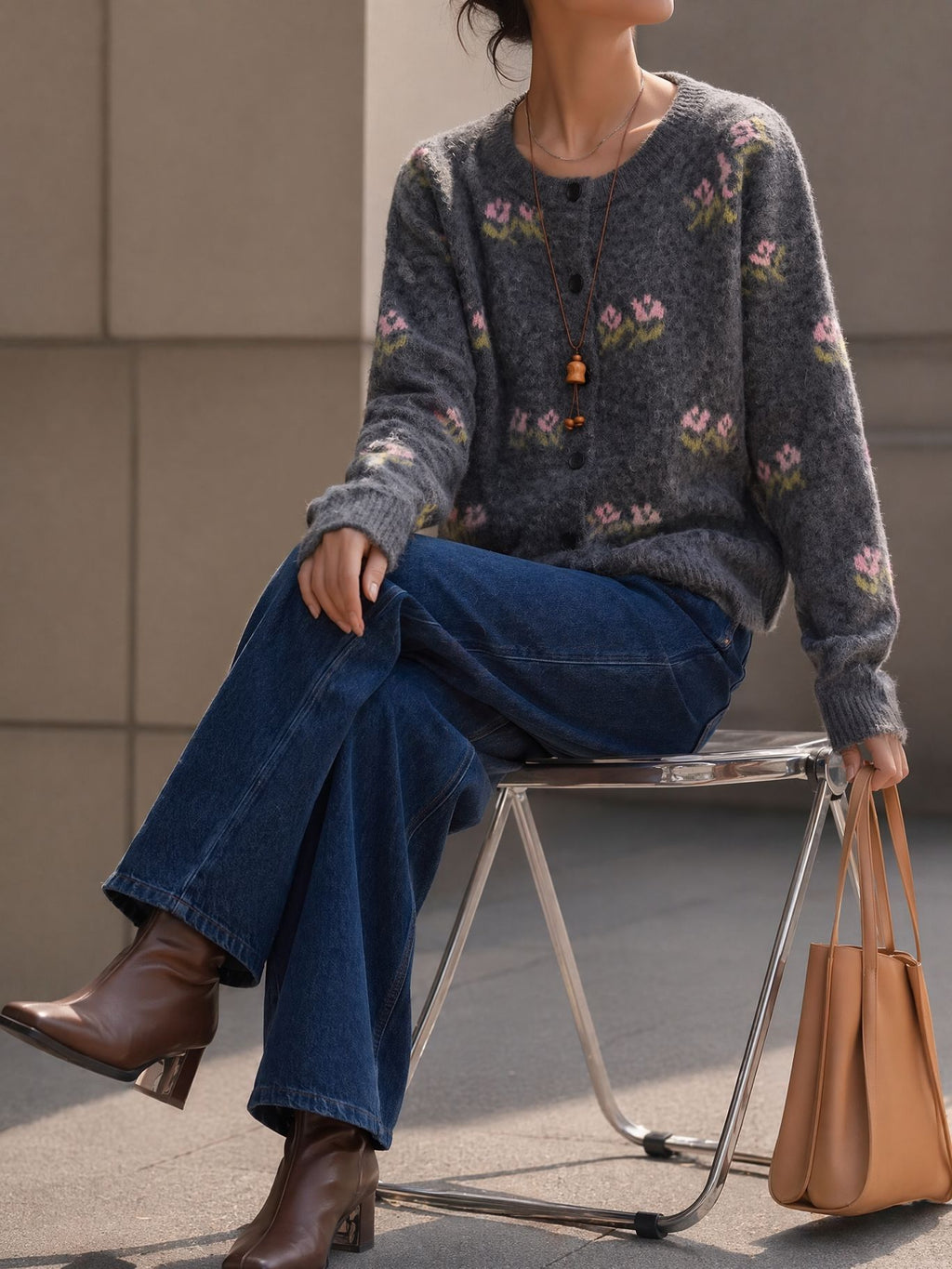 Embroidered Floral Crewneck Button Cardigan - Grey - 1