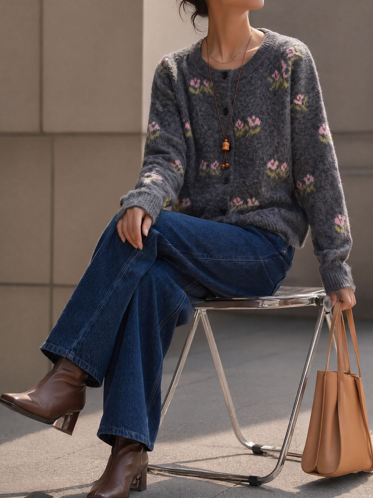 Embroidered Floral Crewneck Button Cardigan - Grey - 1
