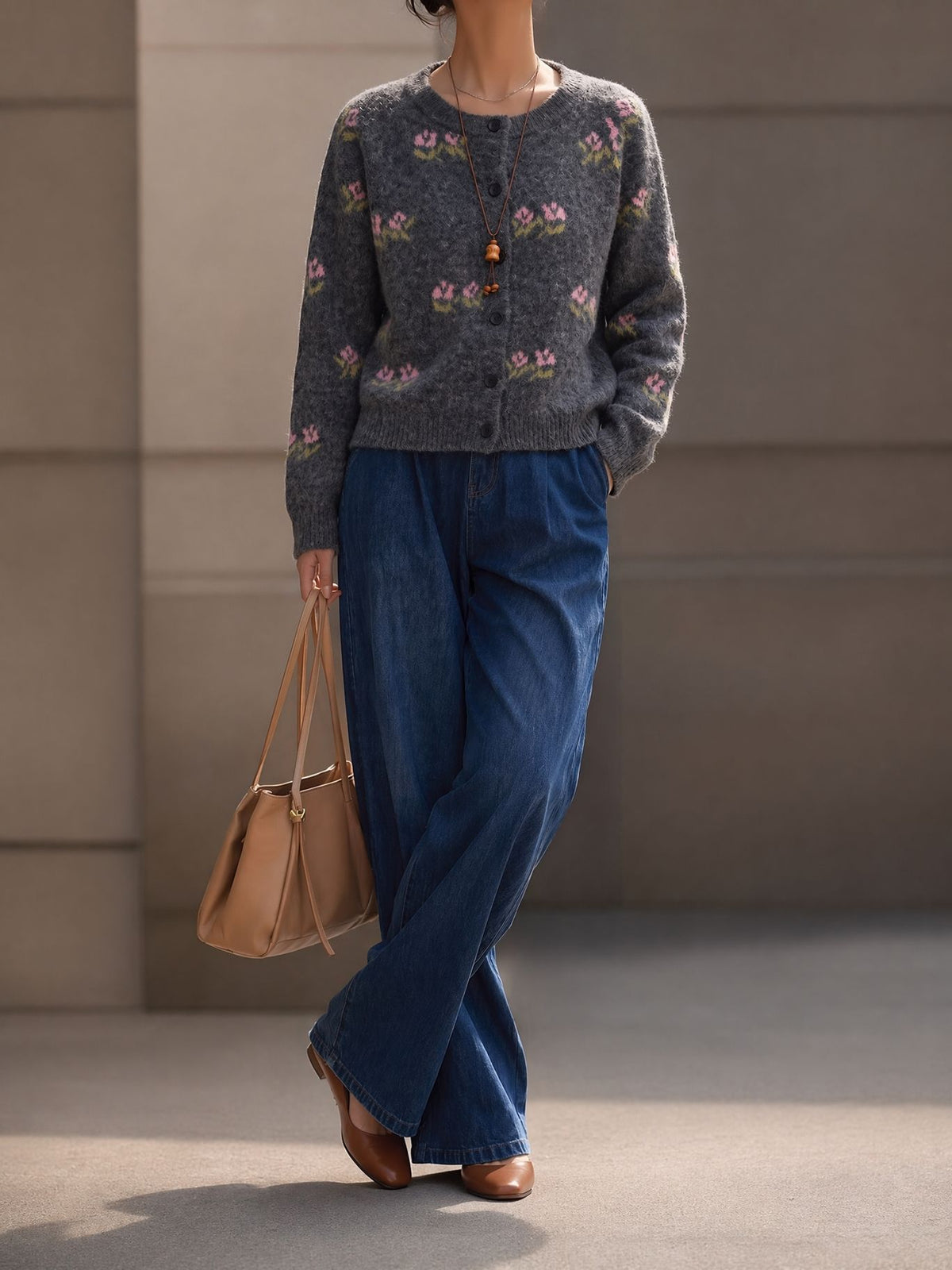Embroidered Floral Crewneck Button Cardigan - Grey - 2