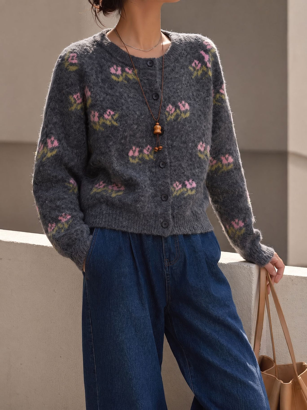 Embroidered Floral Crewneck Button Cardigan - Grey - 3