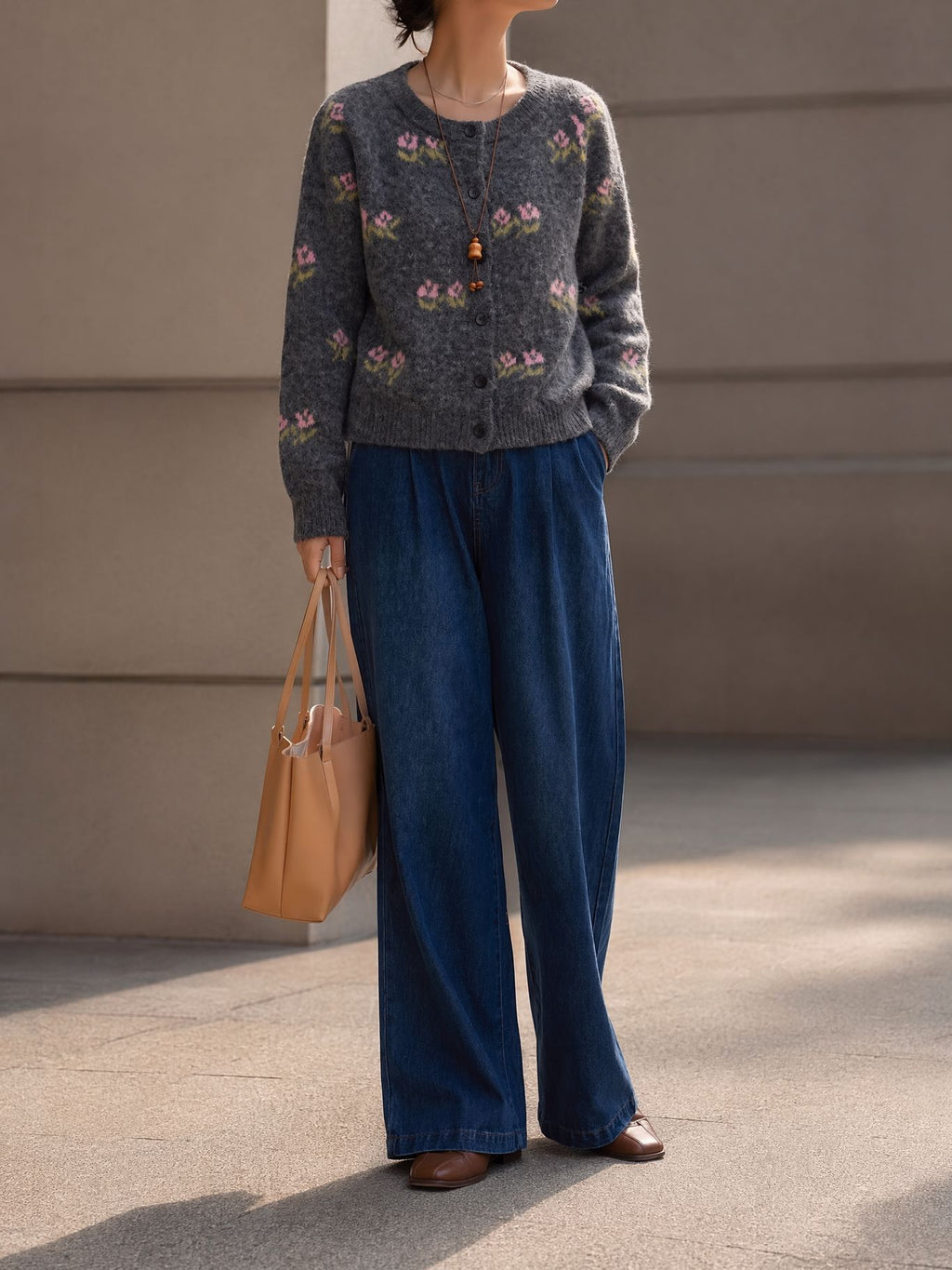 Embroidered Floral Crewneck Button Cardigan - Grey - 4