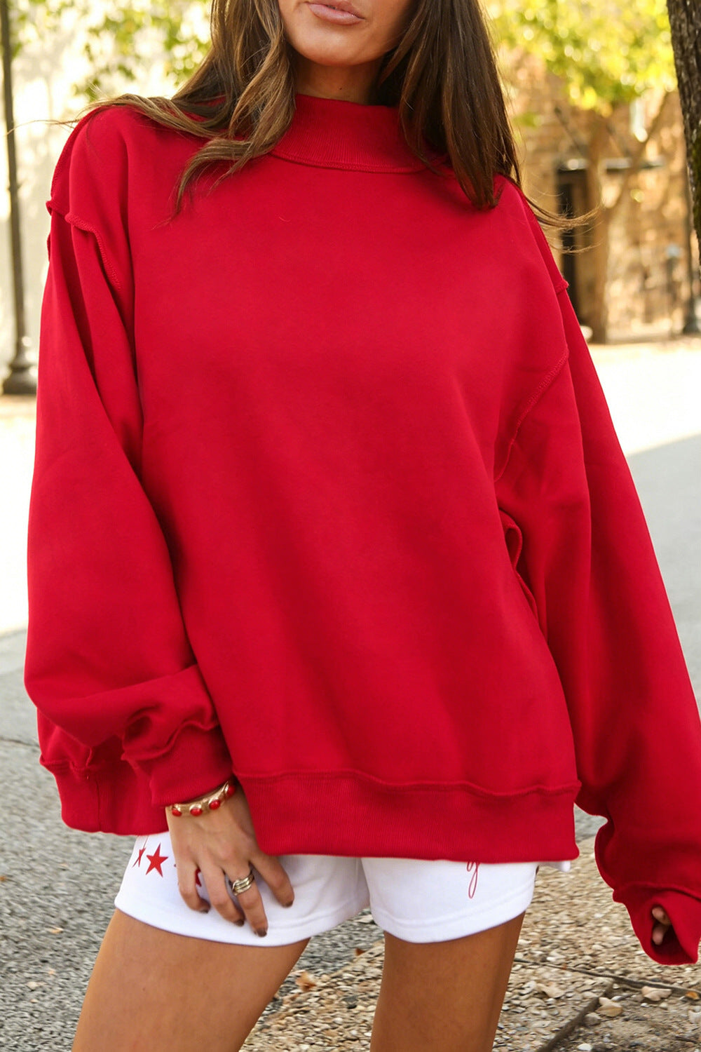 Funnel Neck Sweatshirt With Exposed Seams - Red