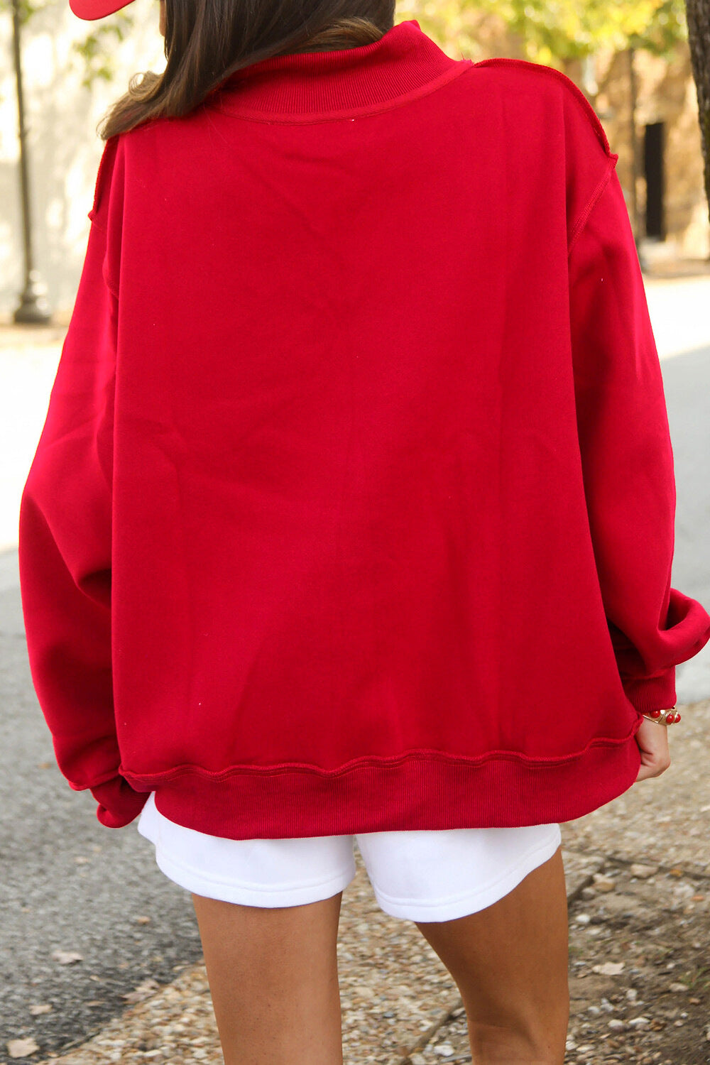 Funnel Neck Sweatshirt With Exposed Seams - Red - 1