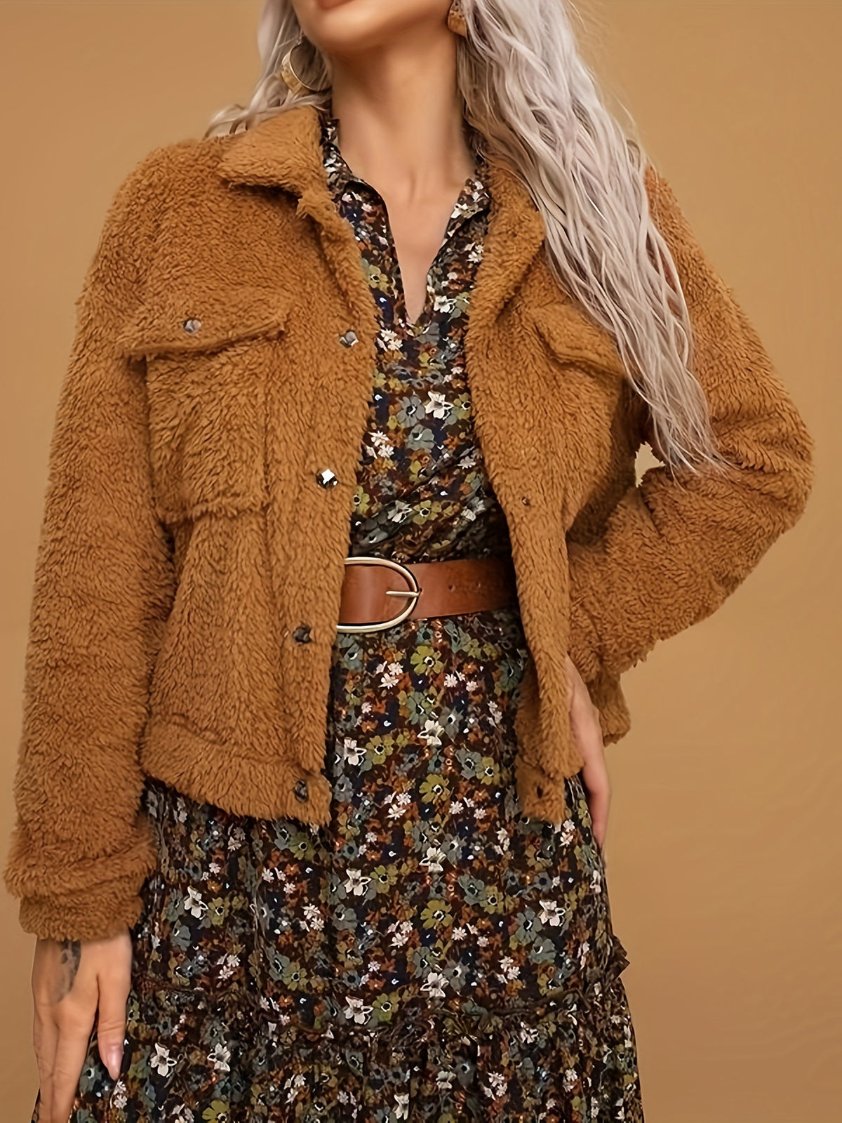 Cropped Teddy Fleece Trucker Jacket - Brown