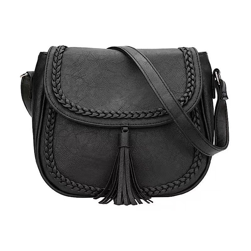 Boho Braided Tassel Saddle Crossbody Bag - Black