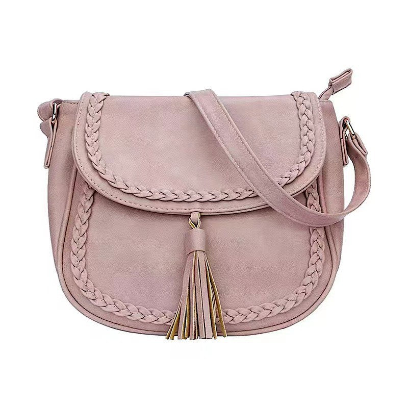 Boho Braided Tassel Saddle Crossbody Bag - Dusty Pink