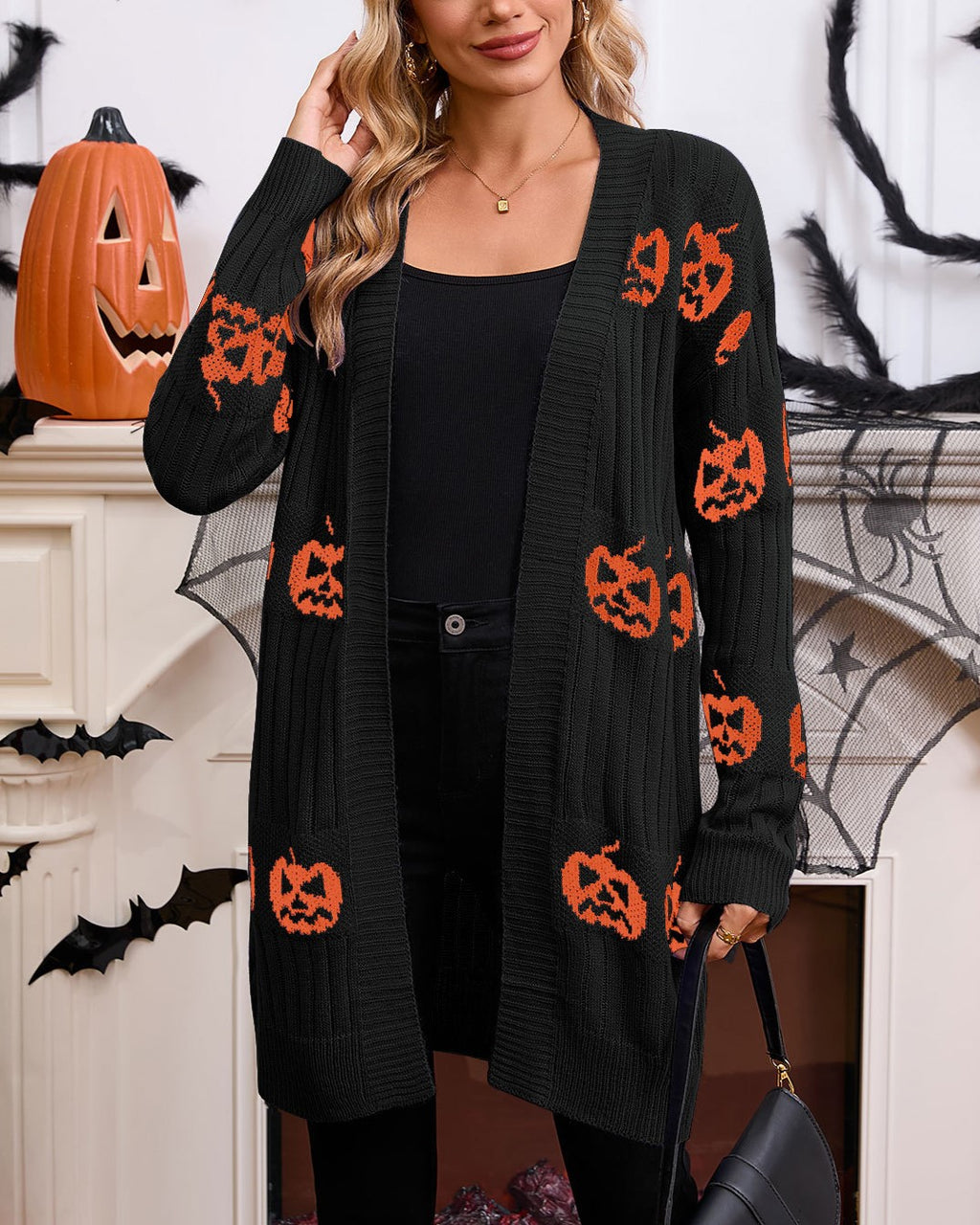 Jack-O-Lantern Knit Longline Open Cardigan - Black - 2