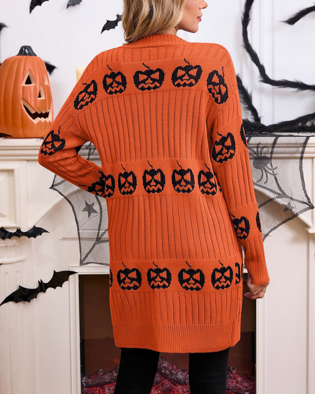 Jack-O-Lantern Knit Longline Open Cardigan - Orange - 6