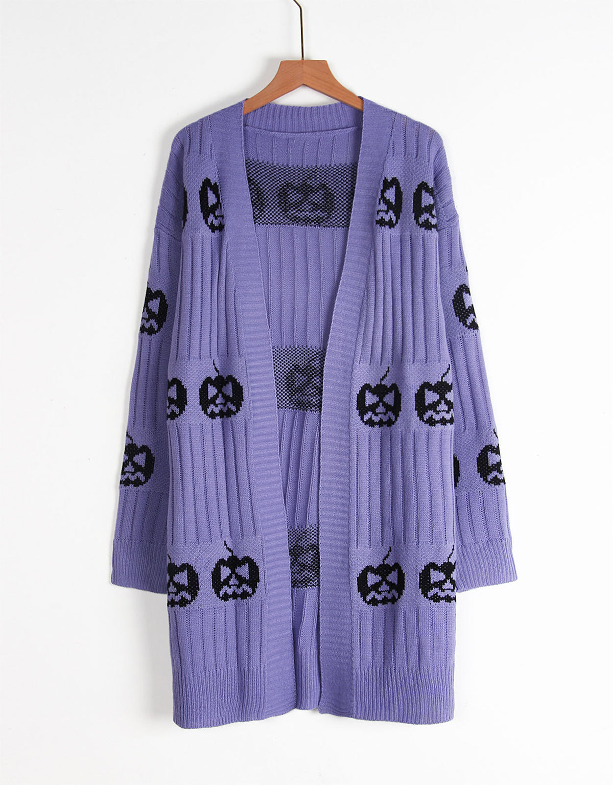 Jack-O-Lantern Knit Longline Open Cardigan - Purple