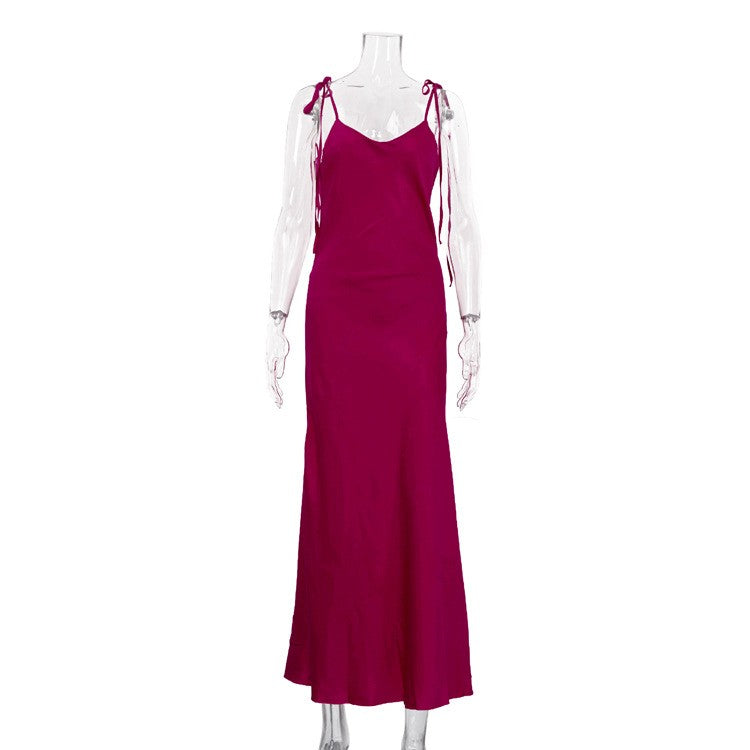 Satin Tie Strap Open Back Maxi Slip Dress - Raspberry