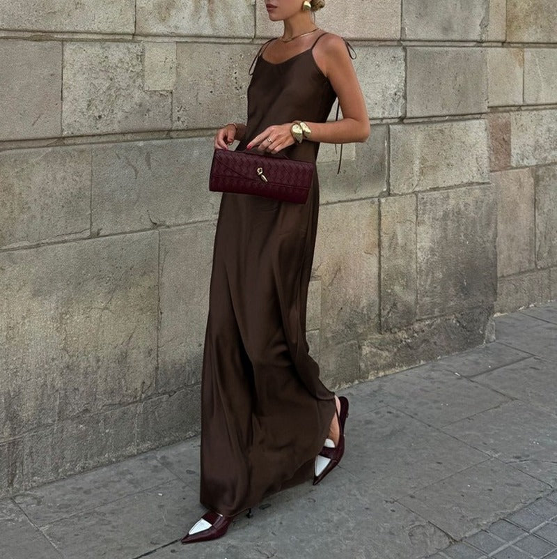 Satin Tie Strap Open Back Maxi Slip Dress