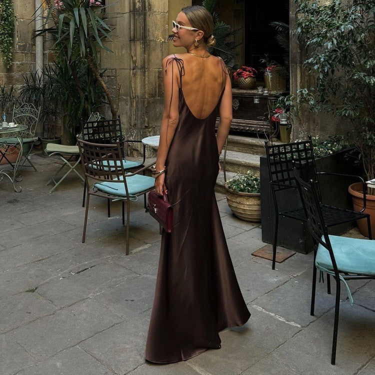 Satin Tie Strap Open Back Maxi Slip Dress