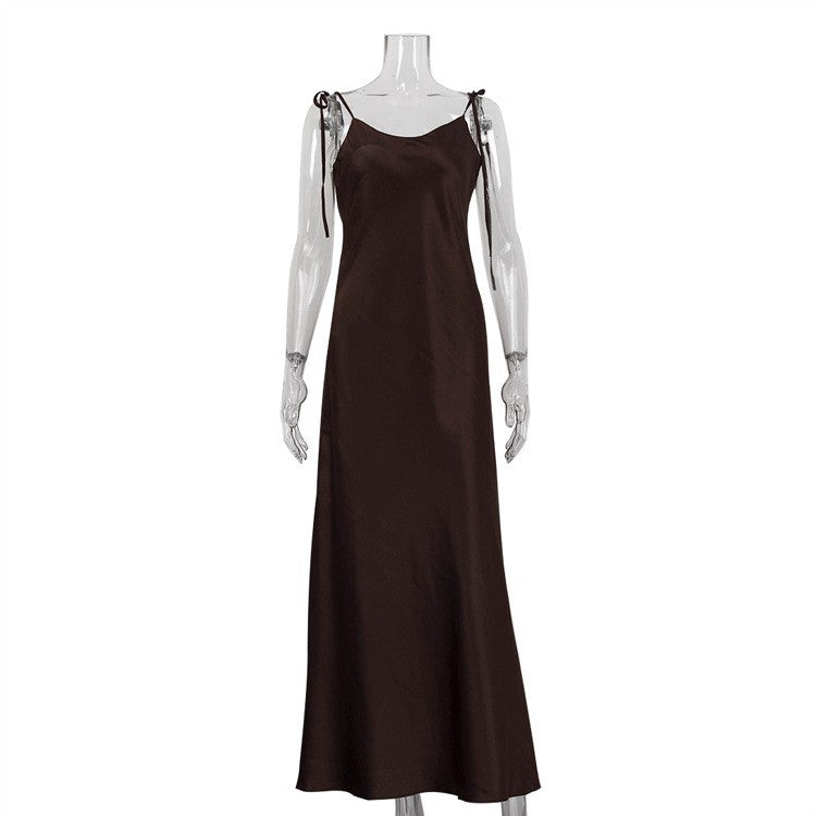 Satin Tie Strap Open Back Maxi Slip Dress