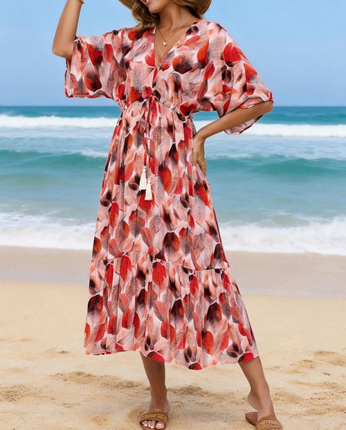 Abstract Print Tie Front Beach Maxi Dress - Orange