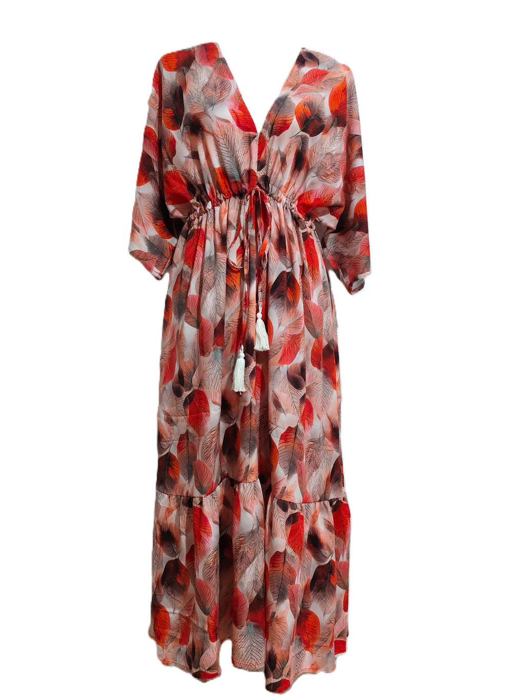 Abstract Print Tie Front Beach Maxi Dress - Orange - 1