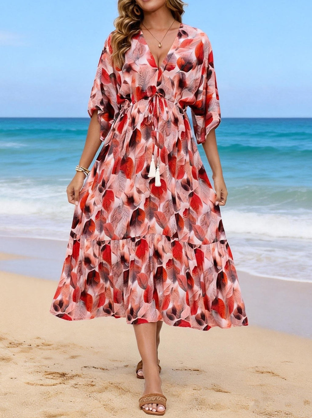 Abstract Print Tie Front Beach Maxi Dress - Orange - 3