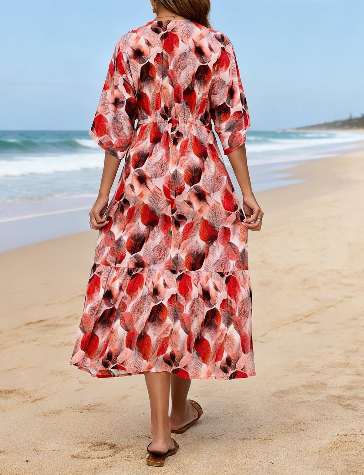 Abstract Print Tie Front Beach Maxi Dress - Orange - 4