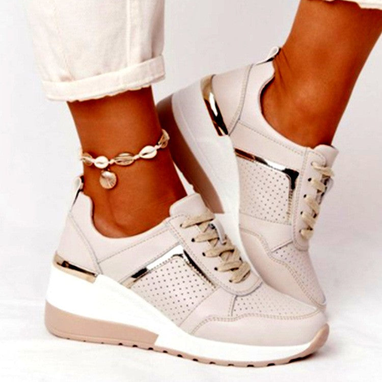 Perforated Wedge Sneakers With Metallic Accents - Cream