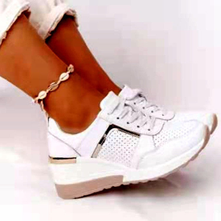 Perforated Wedge Sneakers With Metallic Accents - White